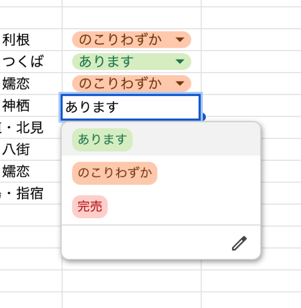 Sheets の在庫セルでドロップダウンが開いている画面。緑の「あります」、橙の「のこりわずか」、赤の「完売」の3つから選べる