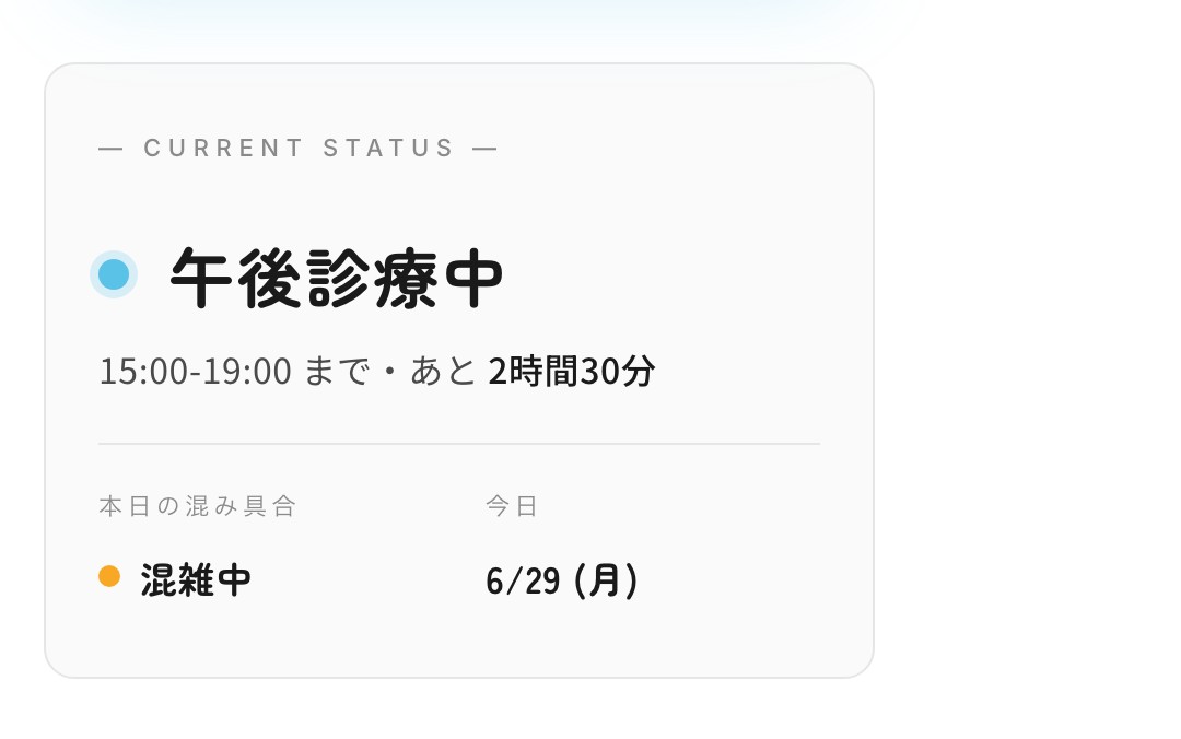 月曜の夕方16時30分の表示。CURRENT STATUS は『午後診療中・15:00-19:00 まで・あと 2時間30分』で、混み具合は『混雑中』に橙色のドット